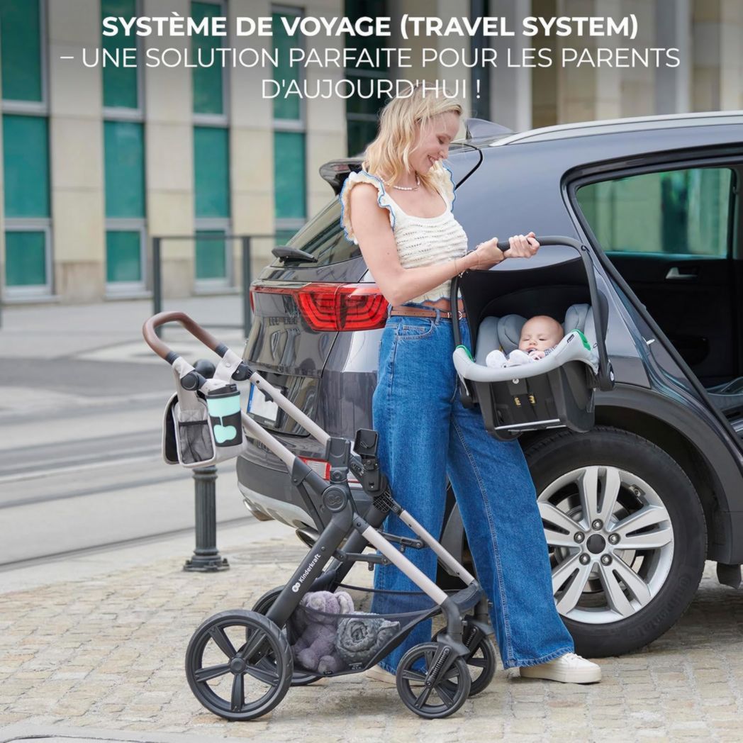 Poussette 3-en-1 Kinderkraft MOOV2, système de voyage de la naissance à 27 kg, siège auto Mink PRO I-Size inclus, pare-soleil extensible avec filtre UPF50+, accessoires pratiques, gris