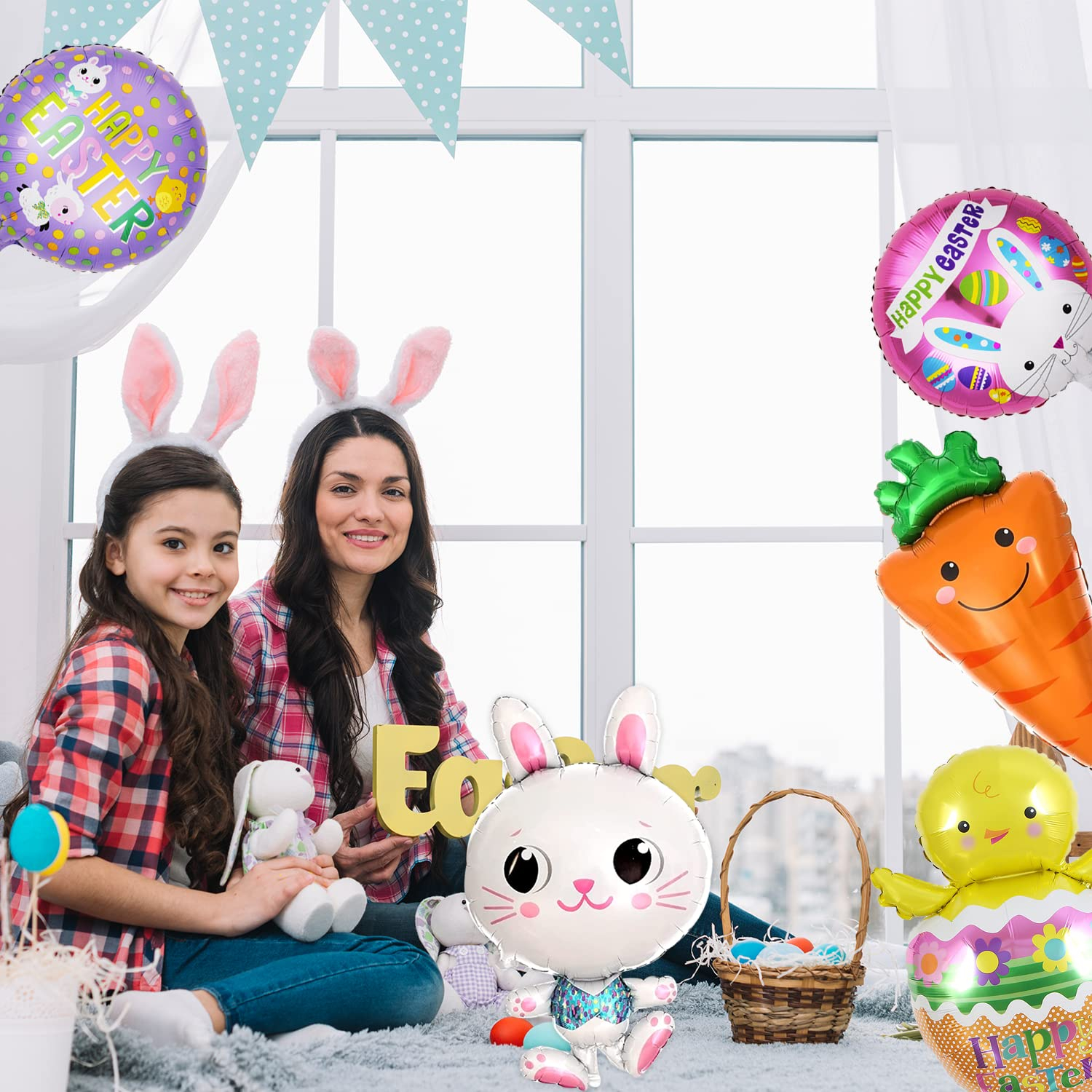 (7-tlg. Set) Oster Party Folien Ballon Happy Easter Deko Luftballon - Osterhase / Küken