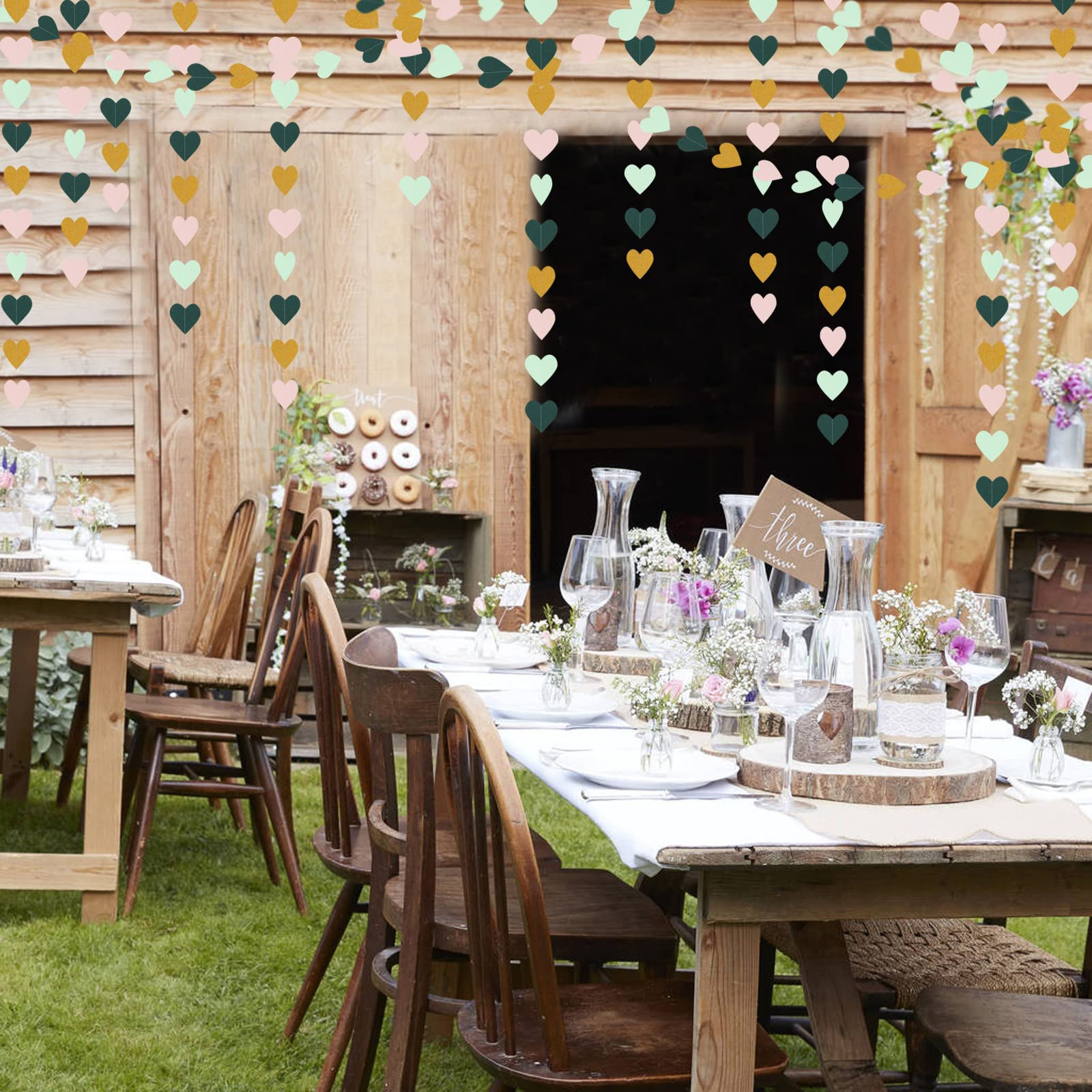 (4m) Herz Girlande Party Dekoration Accessoire Banner - Rosa / Grün / Gold