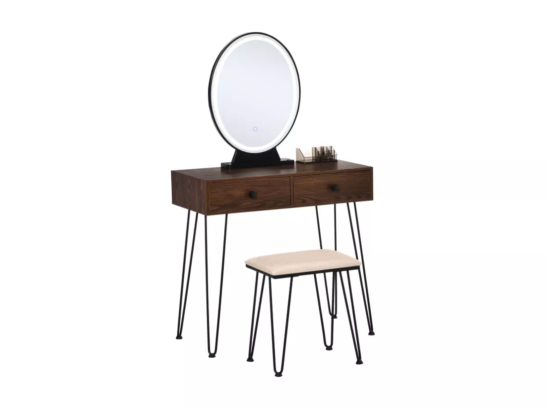 Coiffeuse design - miroir LED intégré - 2 tiroirs + 1 organisateur - tabouret inclus - métal noir MDF imitation bois noyer foncé