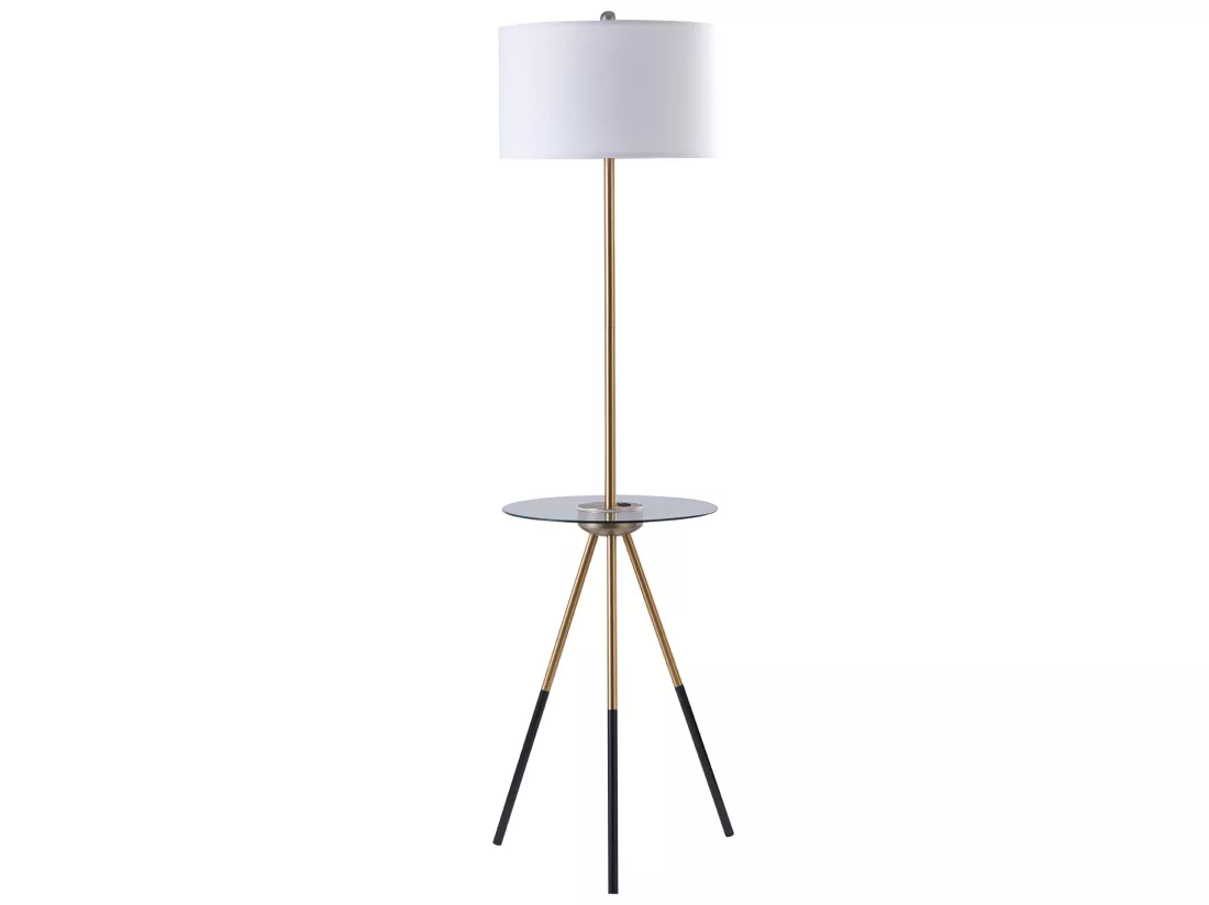 Lampadaire trépied salon avec tablette en verre chargeur USB blanc doré Myra