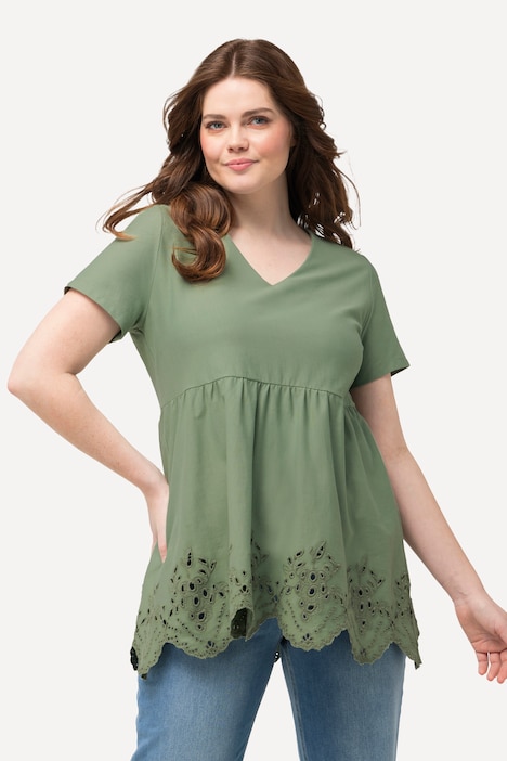 T-Shirt, Saum-Stickerei, A-Linie, V-Ausschnitt, Halbarm
