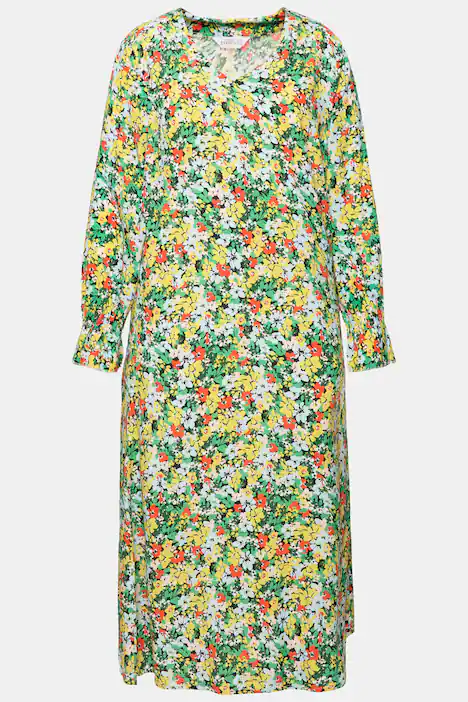 Maxikleid, A-Line, Flower Print, Langarm, grün