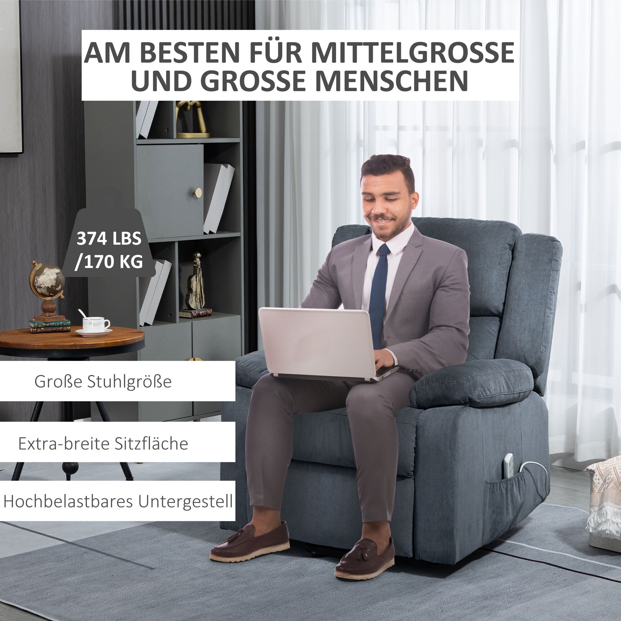 HOMCOM Aufstehsessel mit Liegefunktion grau 92L x 93B x 105H cm