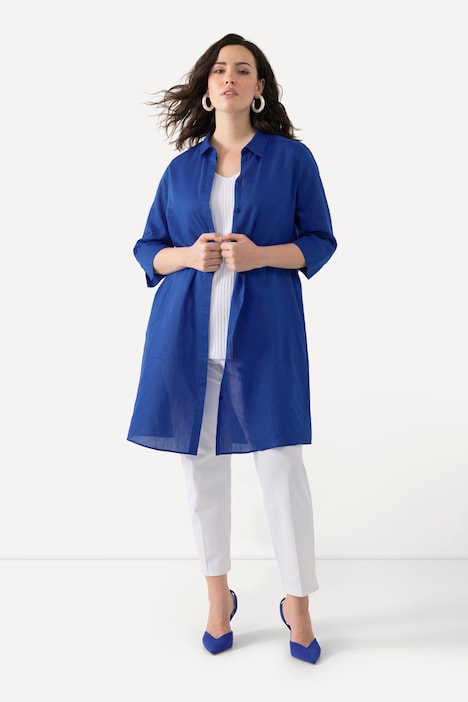 Longbluse, Leinenmix, A-Linie, Hemdkragen, 3/4-Arm