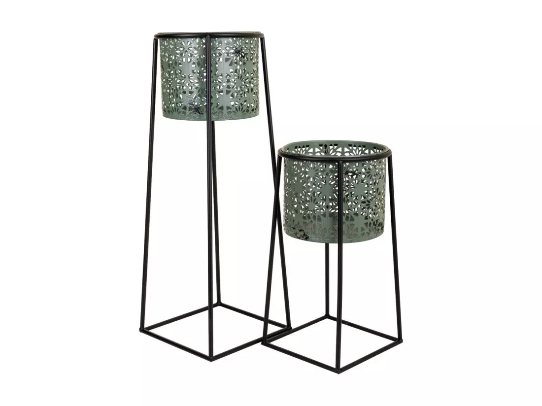 Lot de deux pots de fleurs avec base en métal 26x26x70h cm - 23x23x45h cm