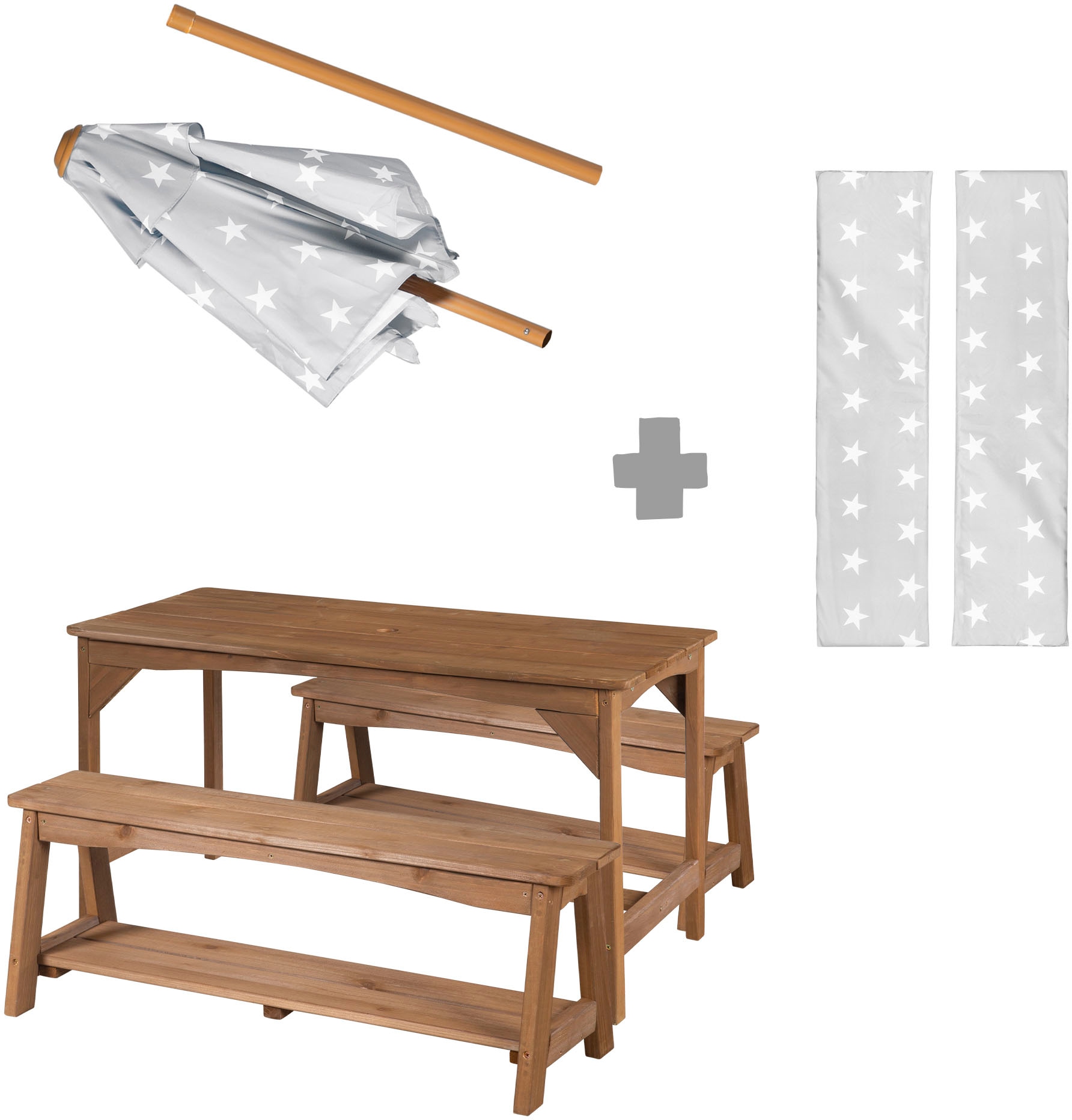 roba® Garten-Kindersitzgruppe »Outdoor+« Set, 3 Stk. tlg. Tisch und 2 Bänke mit Sitzauflage, Schirmset