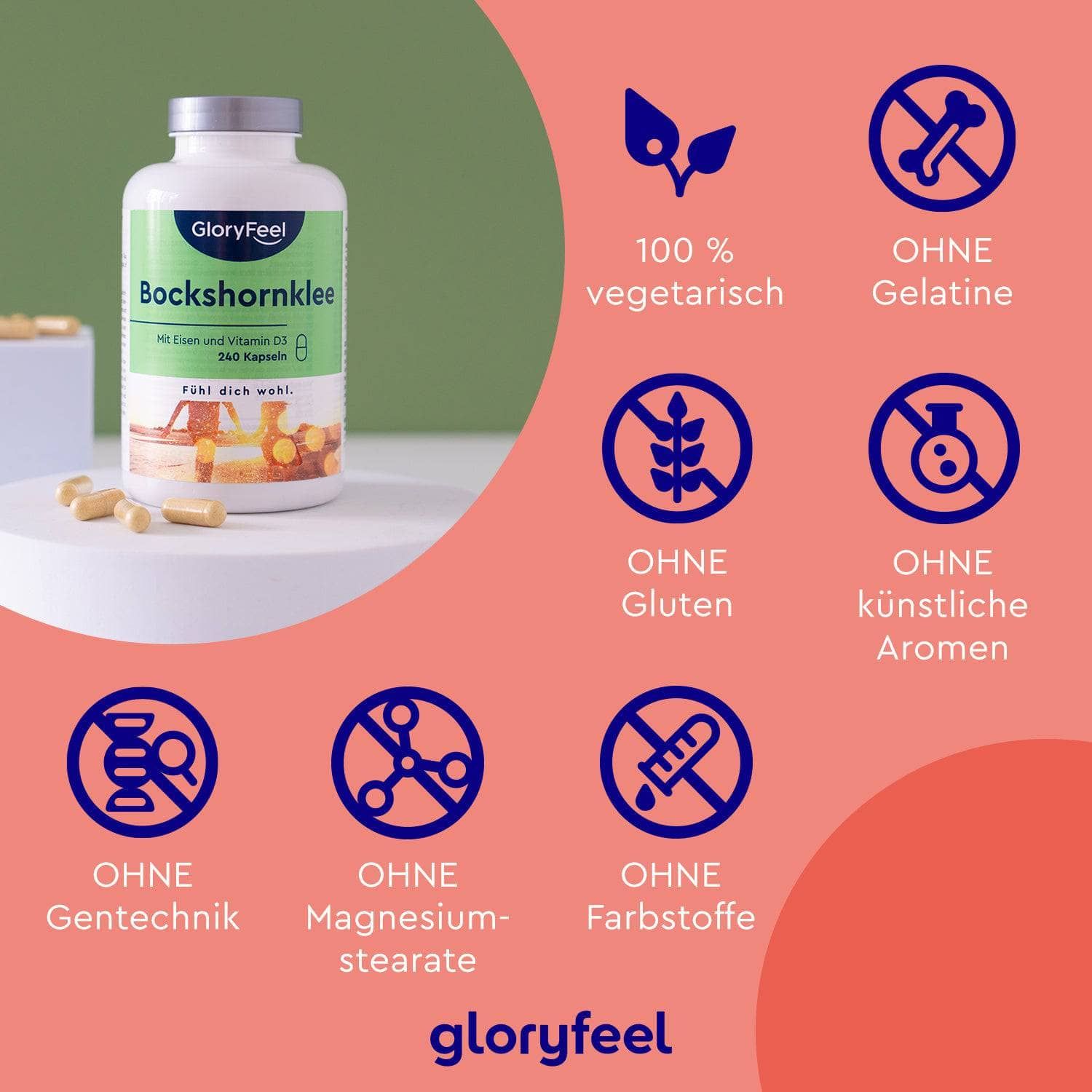 gloryfeel ® Bockshornklee Kapseln aktiviert - Mit Eisen und Vitamin D3