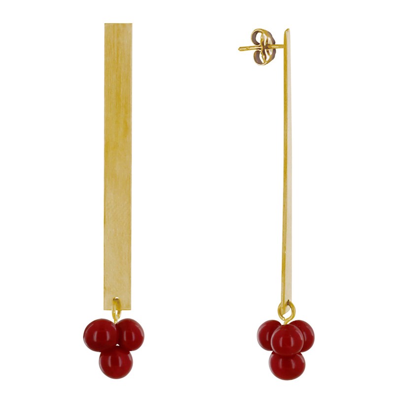 Boucles d'Oreilles Clous Laiton Rectangle Plat et Bouquet de Perles de Verre