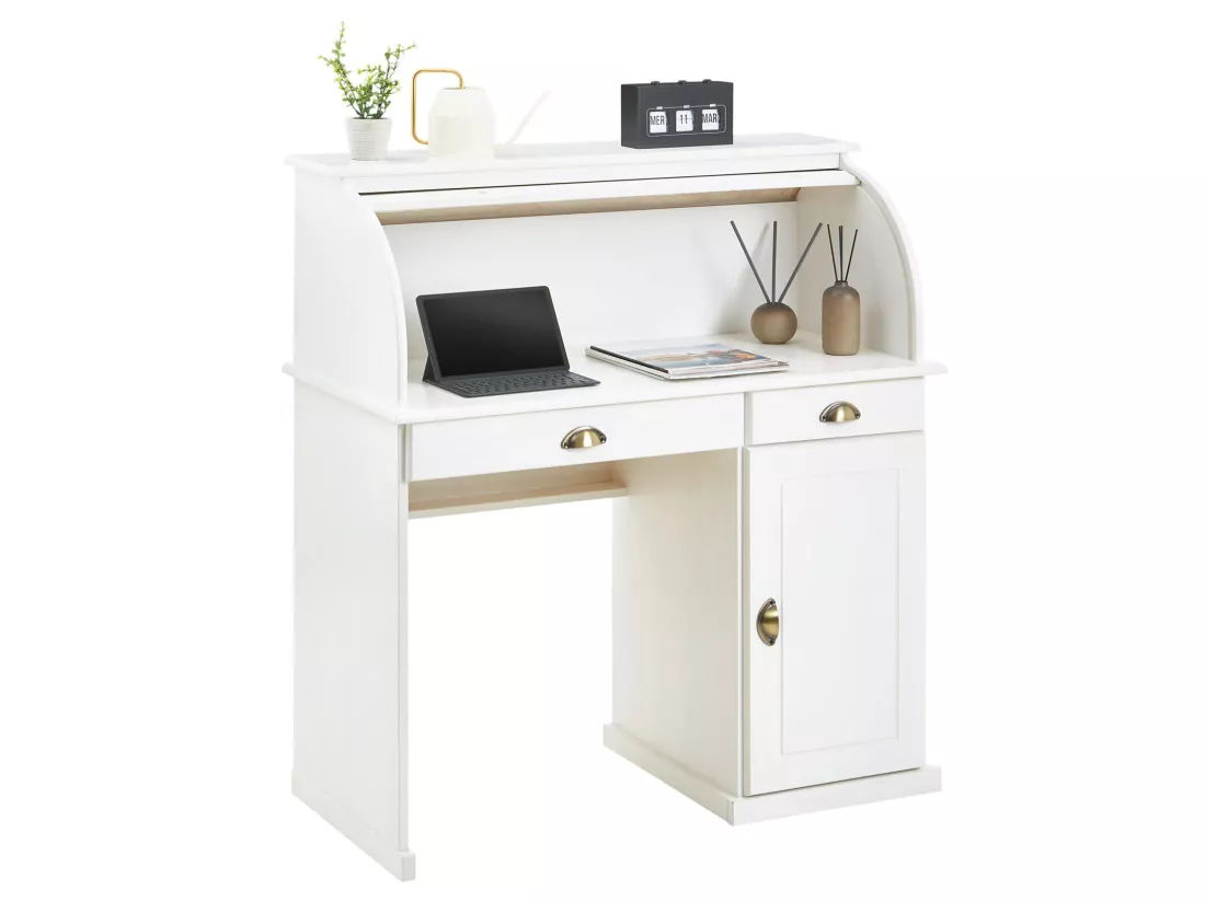 Bureau secrétaire TOM avec volet roulant rangement 2 tiroirs et 1 porte avec étagère, en pin massif lasuré blanc