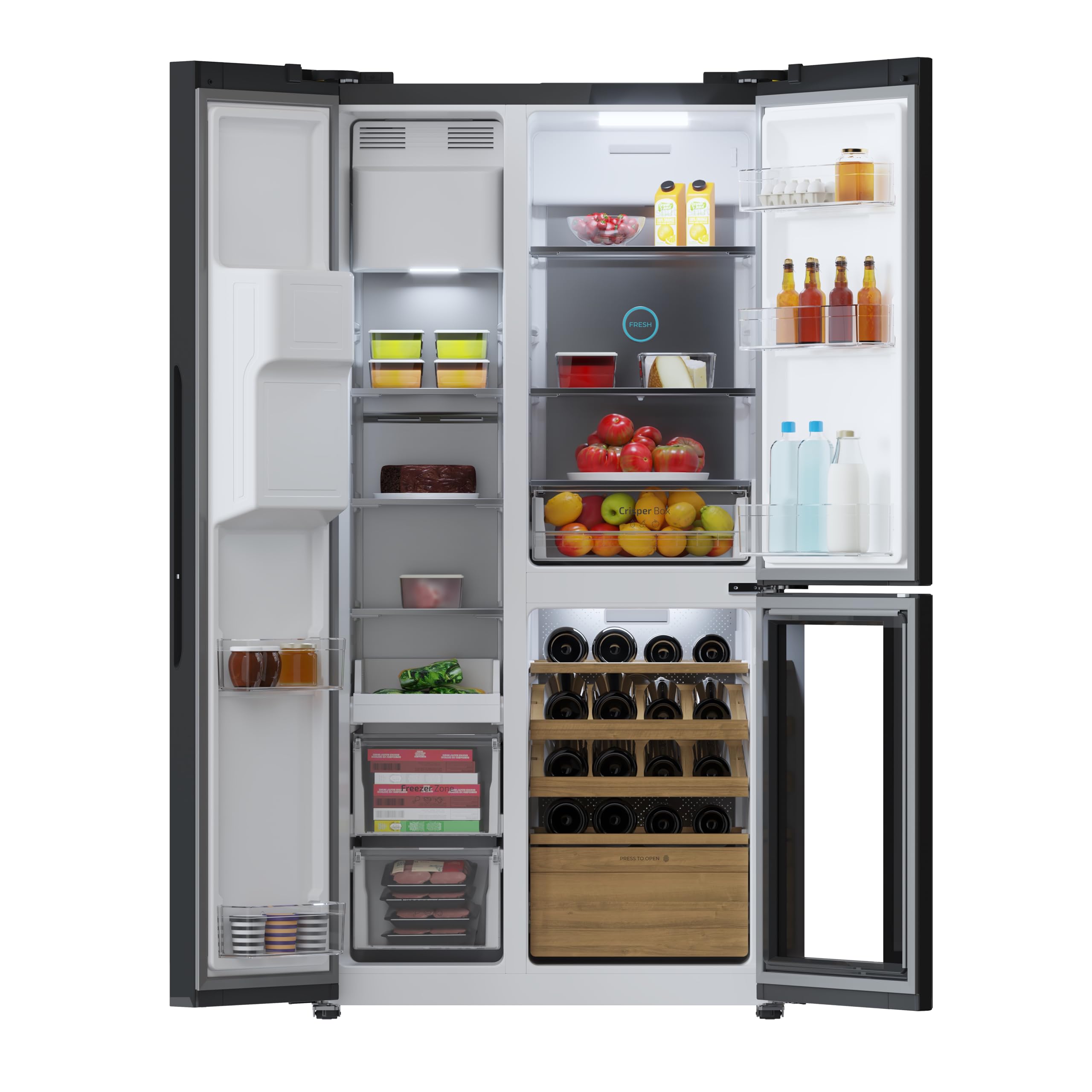 Cecotec Réfrigérateur avec 3 portes Bolero CoolMarket TDW 529 WID Black Glass E. Réfrigérateur 3 portes noir, cave à vin, 529L, Inverter Plus, Total N