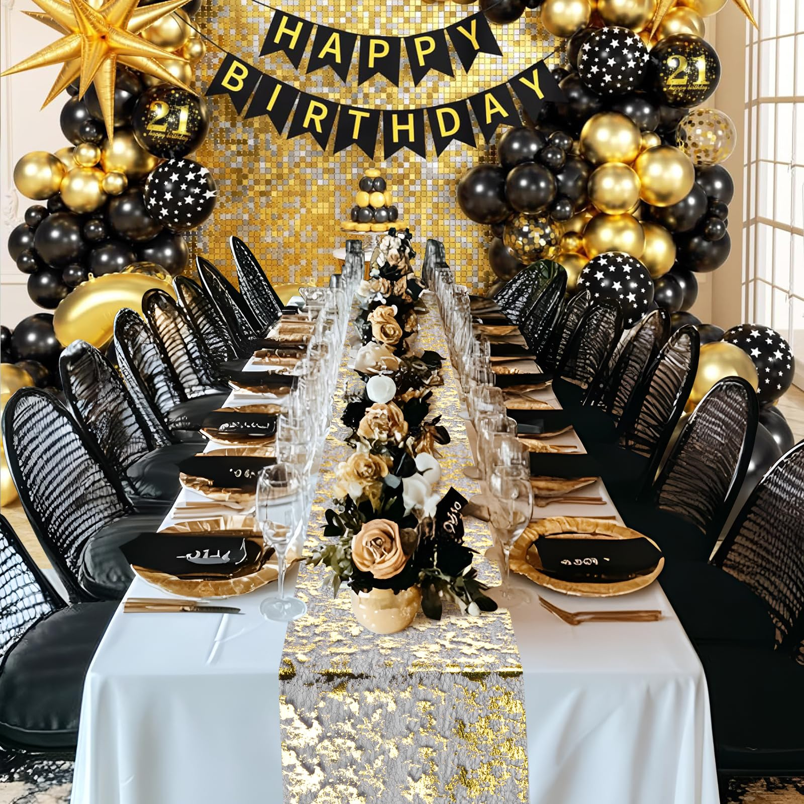 (5mx29cm) Metallic Tischläufer Glänzendes Party Deko Tischtuch Zuschneidbare Tischsets - Gold / Schwarz