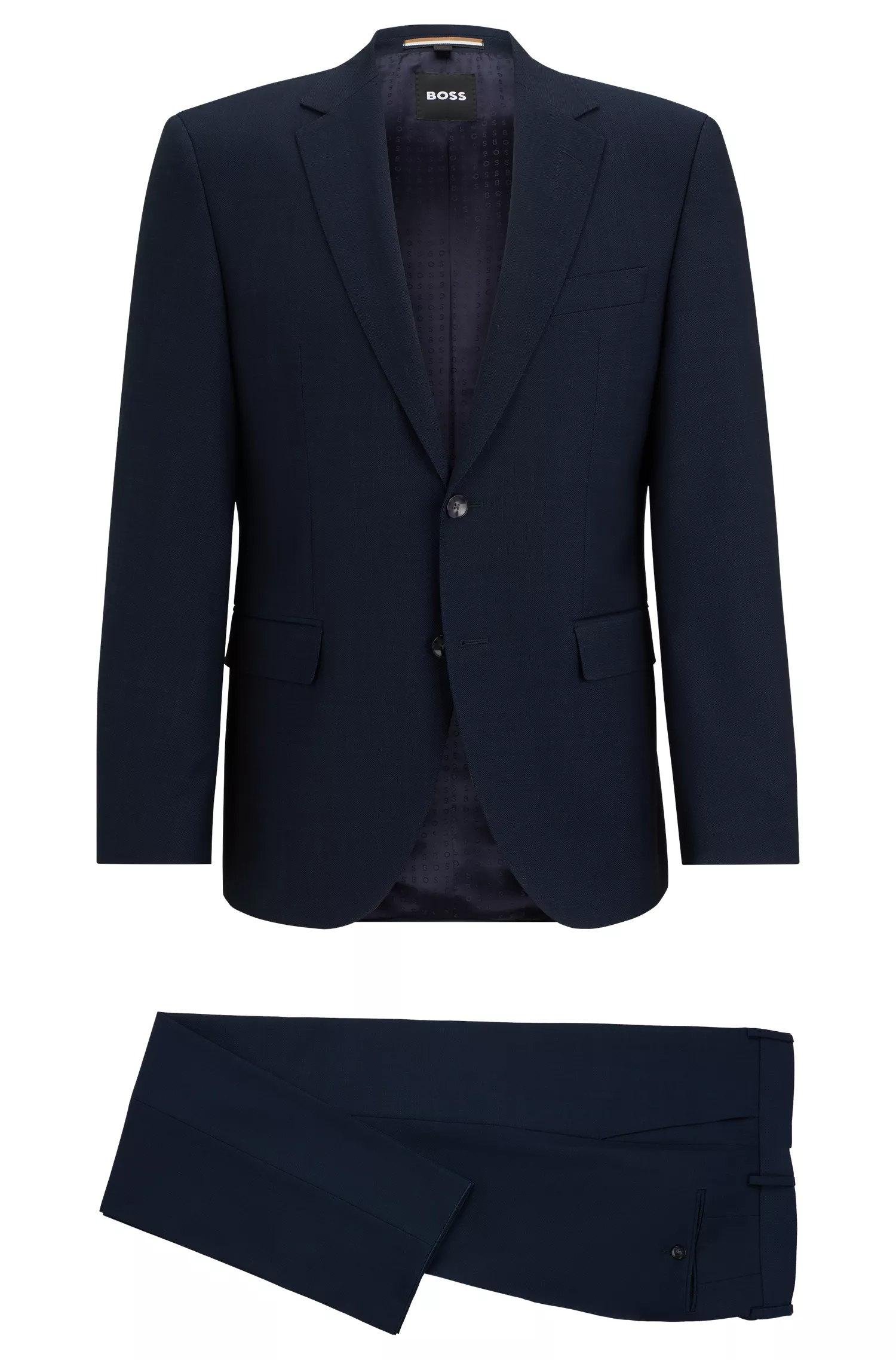 Terno BOSS preto, corte regular, em tecido elástico com microestampa.