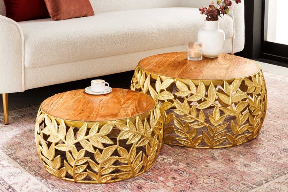 Rundes 2er Set Couchtische ABSTRACT LEAF 70cm natur gold Massivholz Akazie Metall Blatt-Design