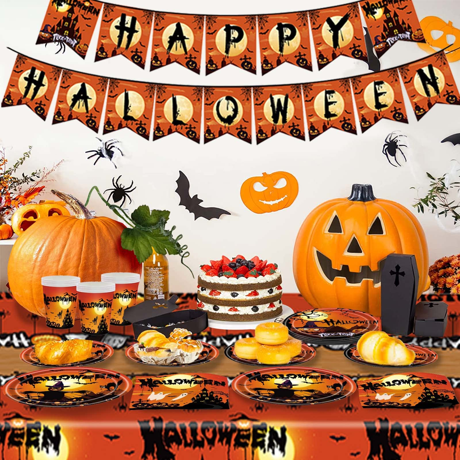 (122-tlg. Set) Einweg Geschirr Halloween Party Tisch Deko   Girlande inkl. Tischtuch / Servietten / Papp Becher - Geisterschloss