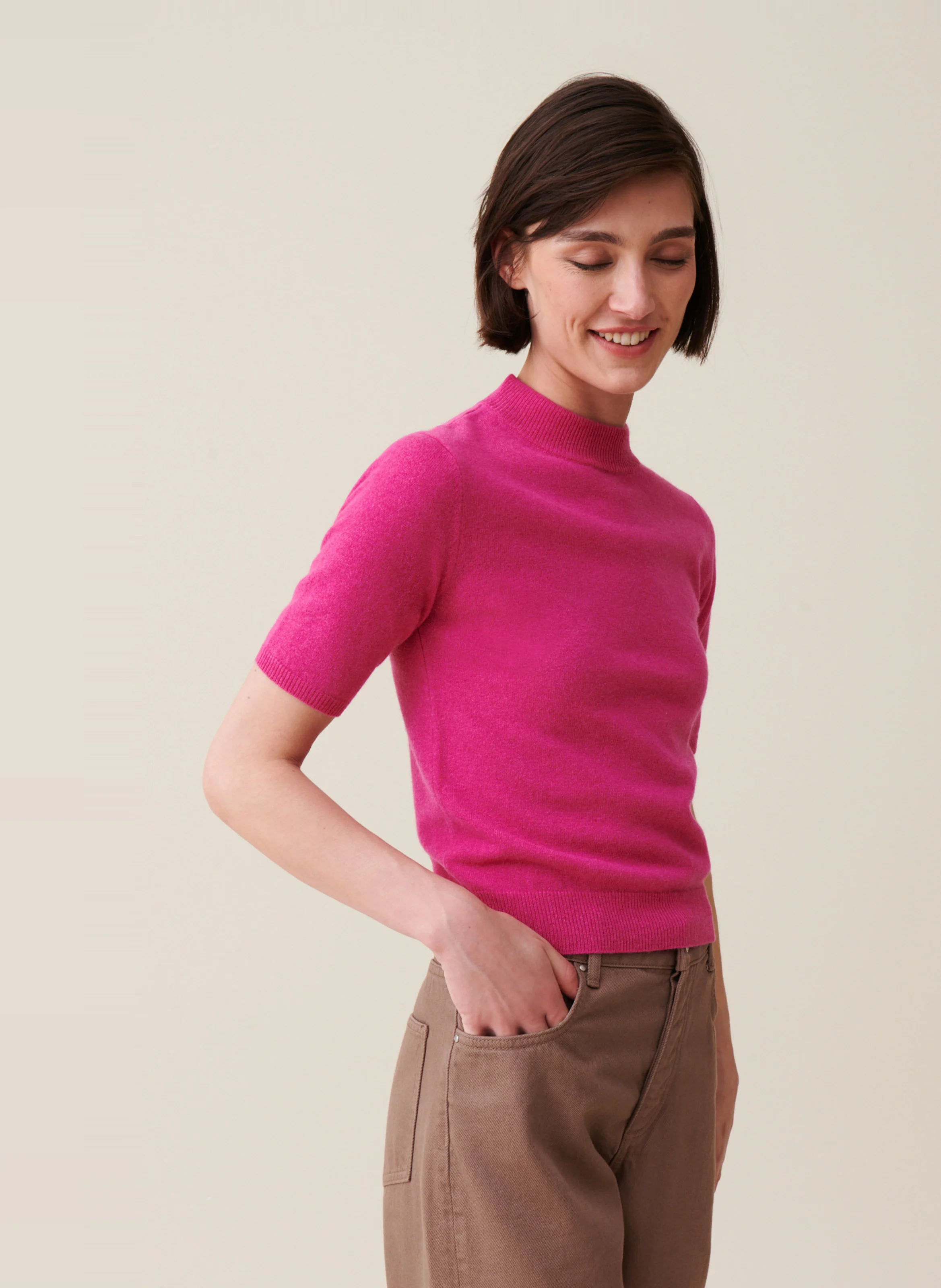 Pull manches courtes en laine | Rose