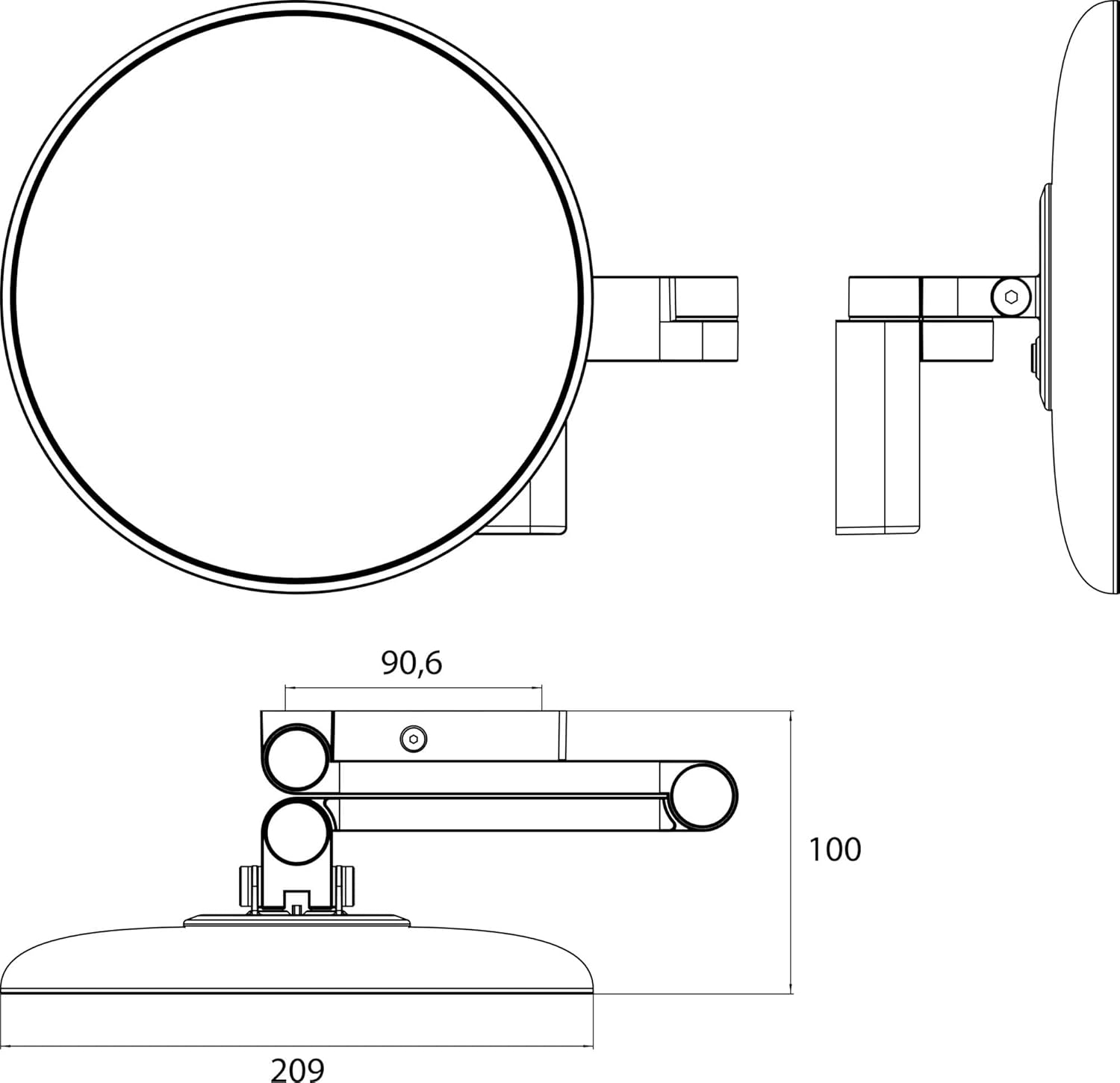 Emco Evo LED Kosmetik- und Rasierspiegel am Doppelgelenkarm, runder Kosmetikspiegel mit Beleuchtung zur Wandmontage, dimmbarer Vergrößerungsspiegel (5-Fach), 120 x 230 x 430