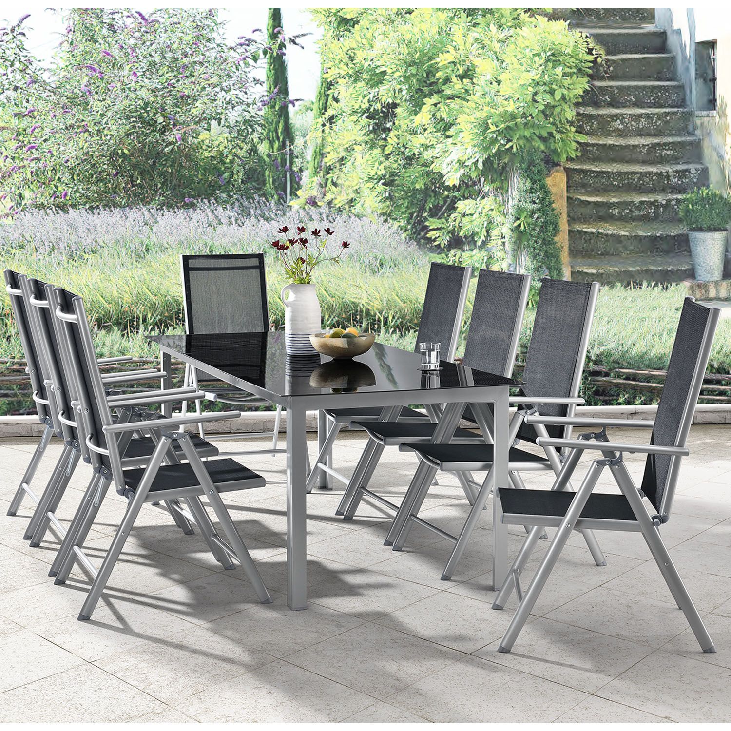 Milano aluminium 9-delige zilvergrijze diningset