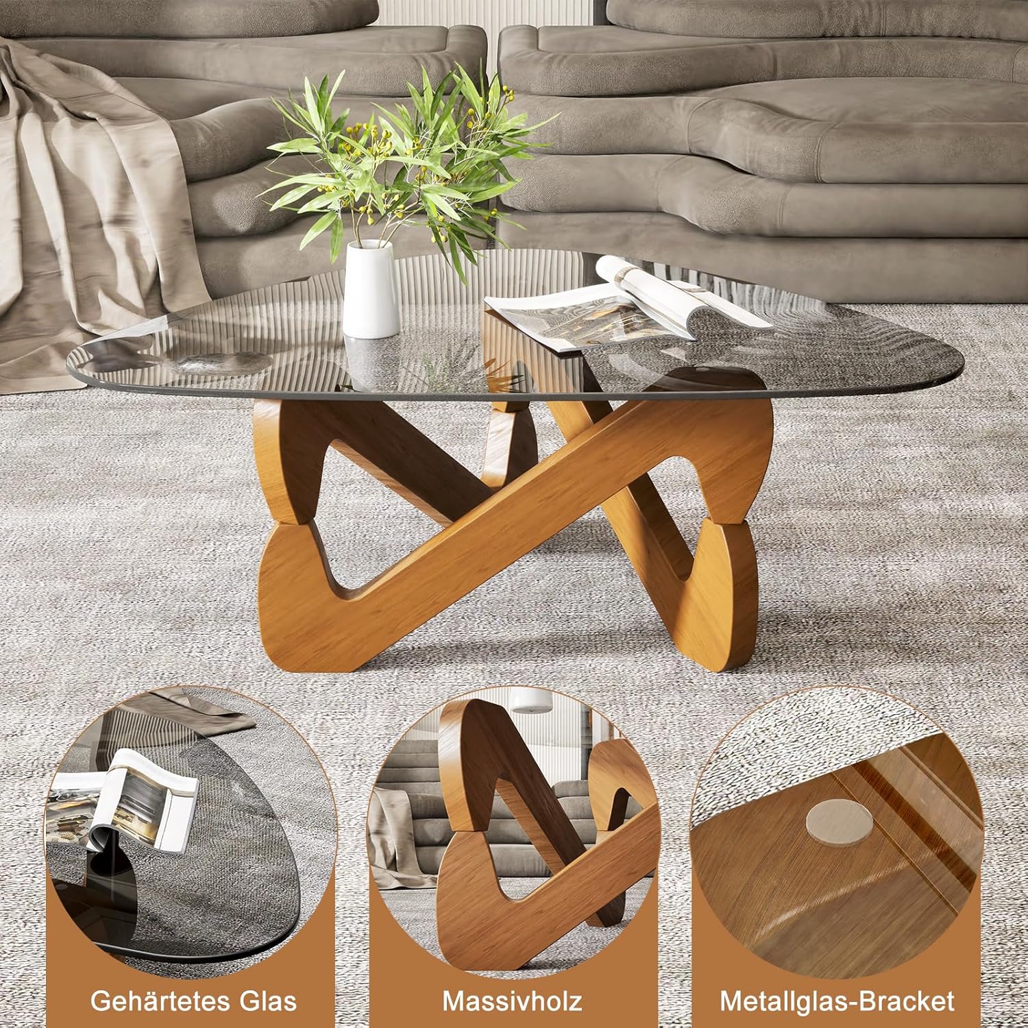 TWSOUL Dreieckiger Couchtisch aus Glas, Modern Wohnzimmertisch, Durchsichtig Couchtisch mit Holz Base, Ausgefallene Kaffeetisch für Wohnzimmer (Grauschwarz)