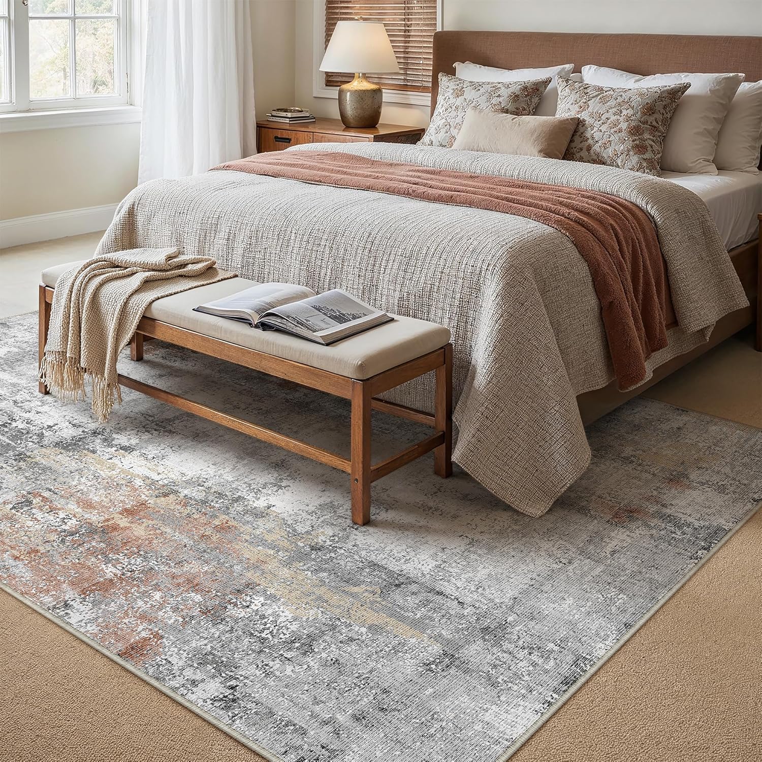 HUGEAR Waschbare Teppiche Gegend Teppich 240 X 300cm Grau Rot Modern Abstrakt Wohnzimmer Schlafzimmer Teppisch Groß rutschfest Kurzflor Weich Rugs for Living Room Carpet for Esszimmer Büro