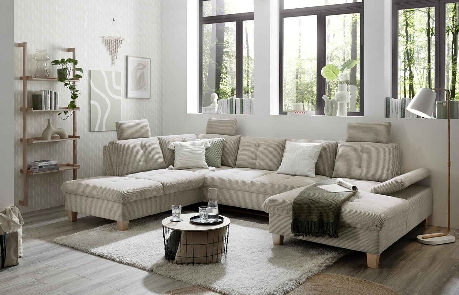 Wohnlandschaft Ascot mit Cord-Bezug und Schlaffunktion in Hellbraun, U-Form inkl. Kopfstützen, Bettkasten und Verstellbarer Armlehne - 324 x 107 x 218 cm (B/H/T)