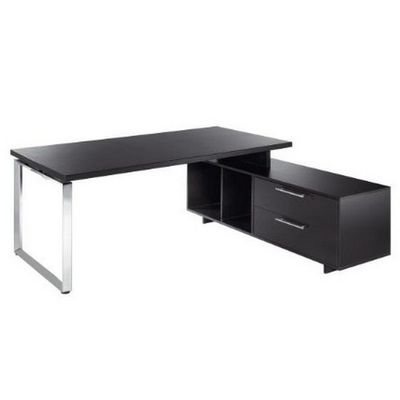 Bureau Manager FLORA - avec console retour réversible - L195 x P170 cm - pieds cadre en métal effet chromé - plateau imitation frêne noir