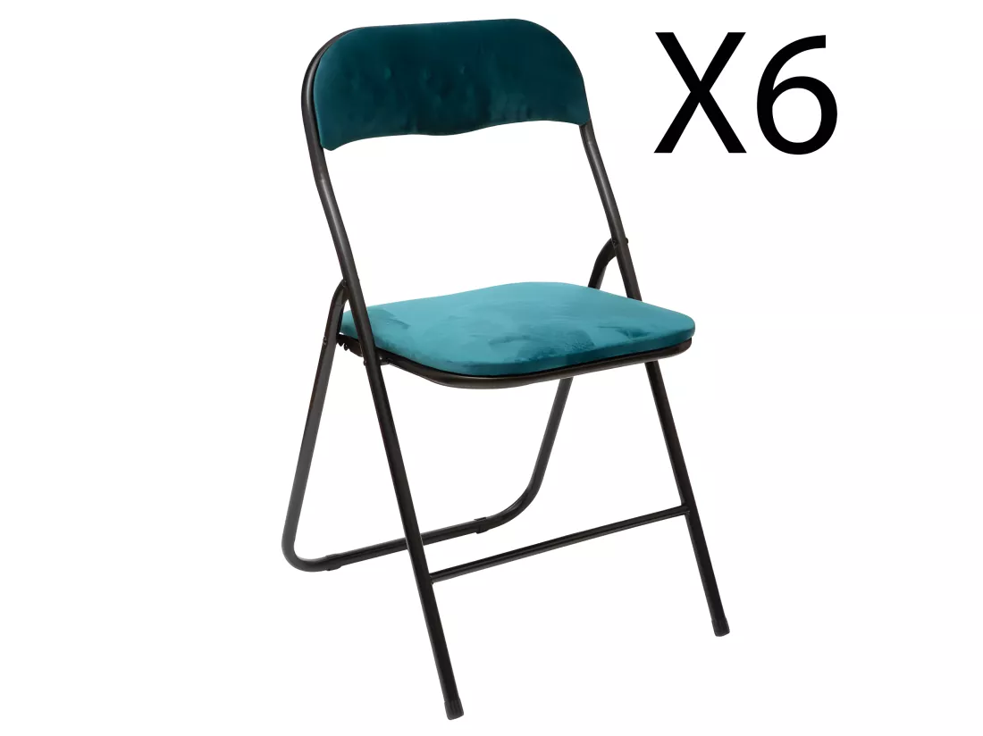 Lot de 6 chaises pliantes en métal coloris bleu canard - Longueur 44 x Profondeur 48 x Hauteur 79 cm