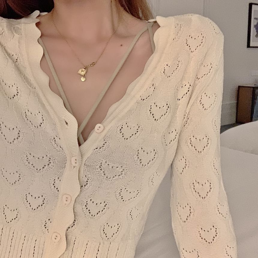 Inchioh - Scallop Trim Heart Pointelle Cropped Cardigan