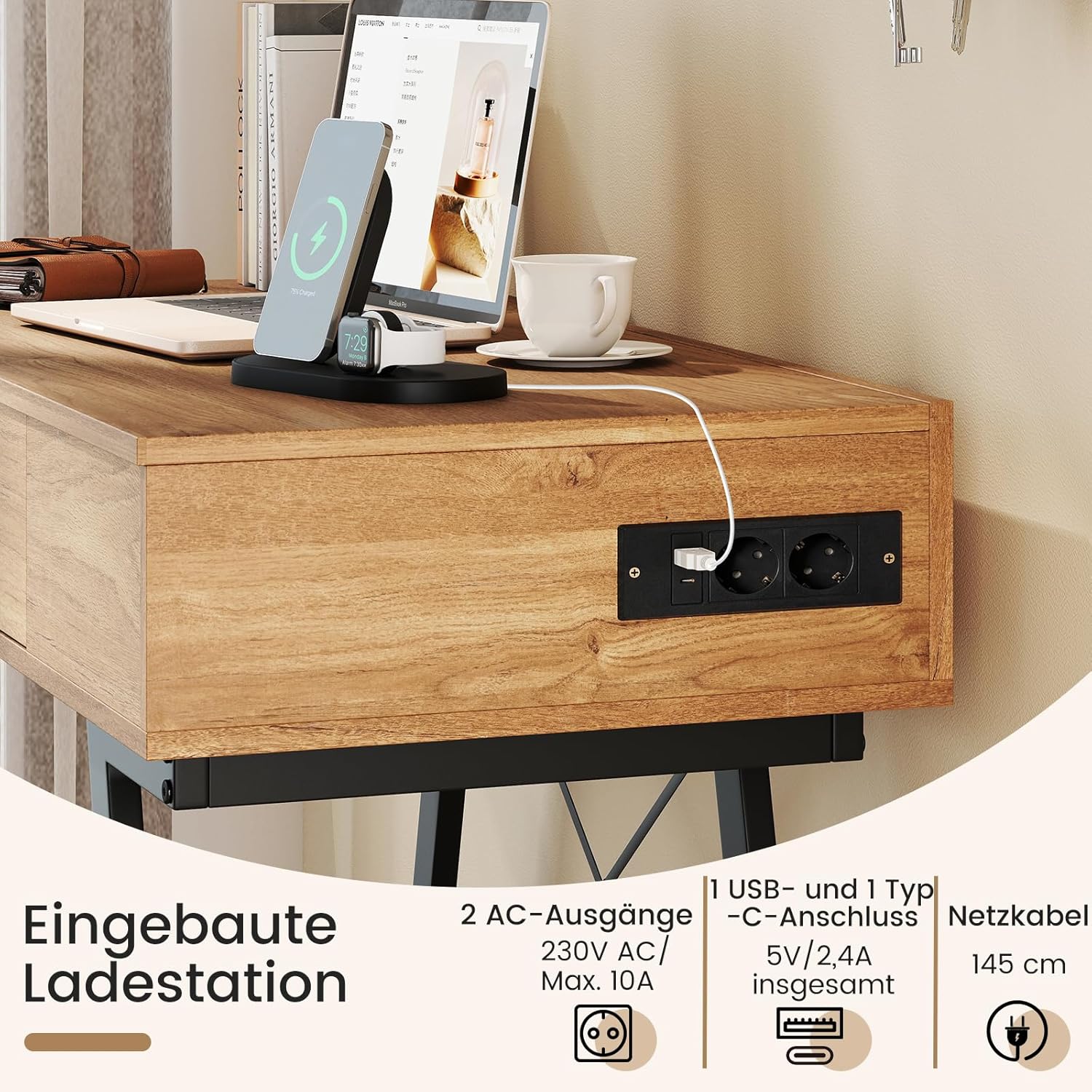 COSTWAY Schminktisch mit großem Spiegel, Ladestation, 6 Aufbewahrungsfächern, Klappdeckel und Schublade, Kosmetiktisch rustikal, Schreibtisch für Schlafzimmer, Ankleidezimmer (Natur)