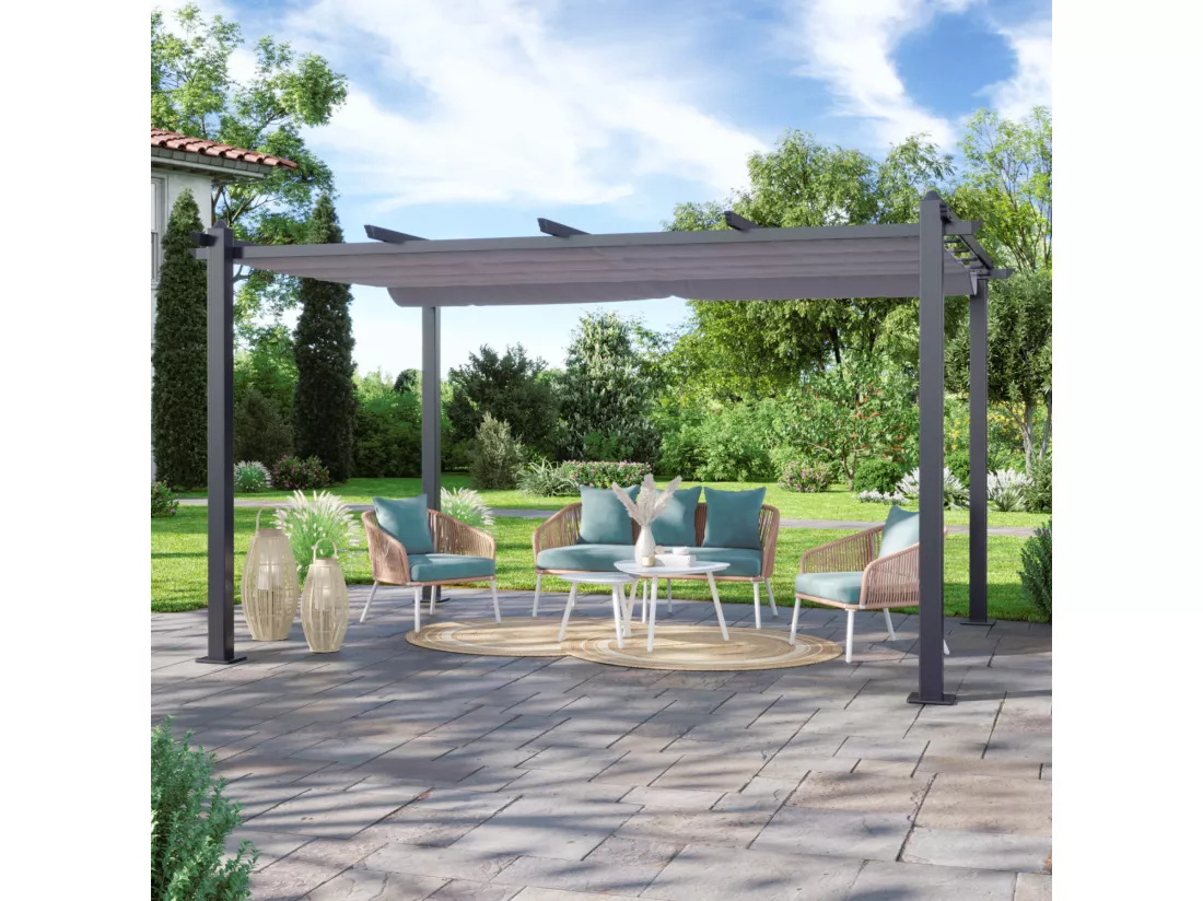Tonnelle/Pergola aluminium 3x4m toile coulissante rétractable - Gris - HERO XL