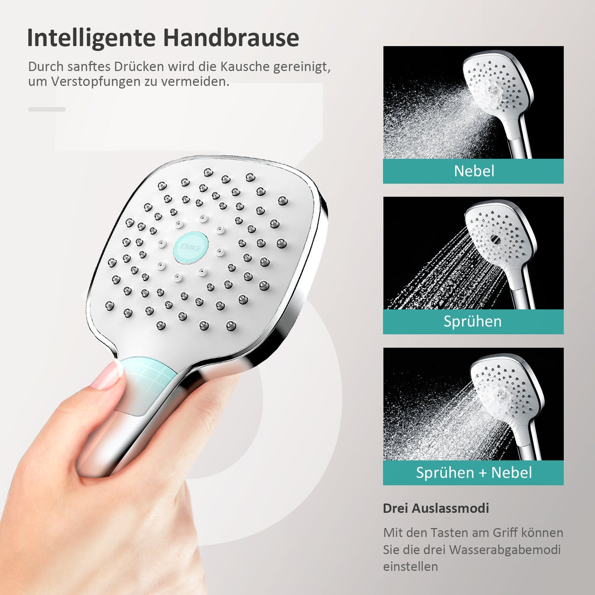 EMKE Douchesysteem Doucheset met thermostatische regendouche en 3 straalsoorten Handdouche, 38°C Thermostatische douchekolomset Doucheset, KTW-gecertificeerd Douchesysteemset, Vierkant, Chroom