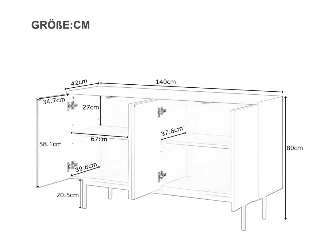 Buffet moderne avec 4 portes - 140 x 42 x 80 cm - bois MDF - coloris blanc