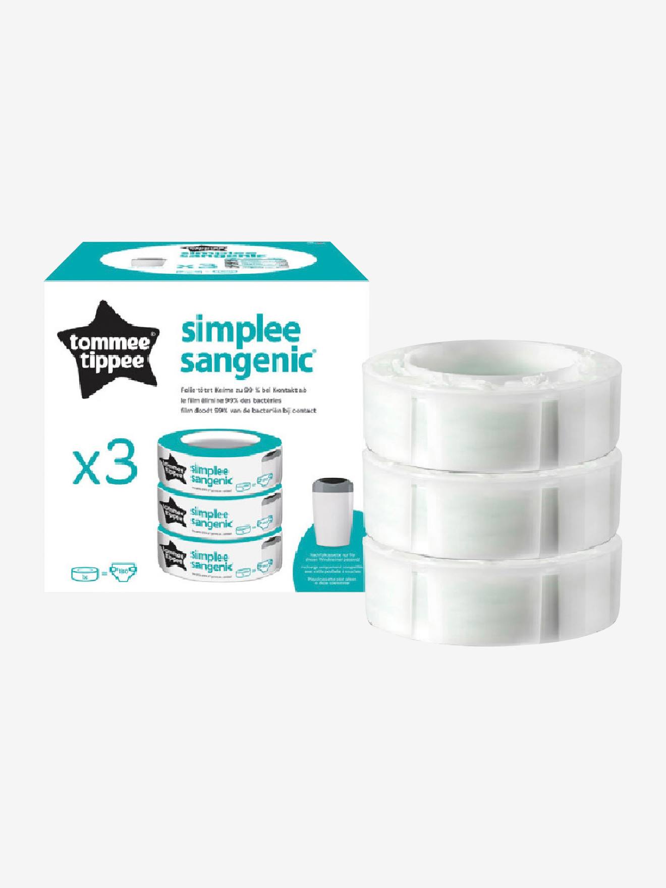 Pacote com 3 refis para a lixeira de fraldas Simplee Tommee Tippee SANGENIC, branco claro, sem detalhes.