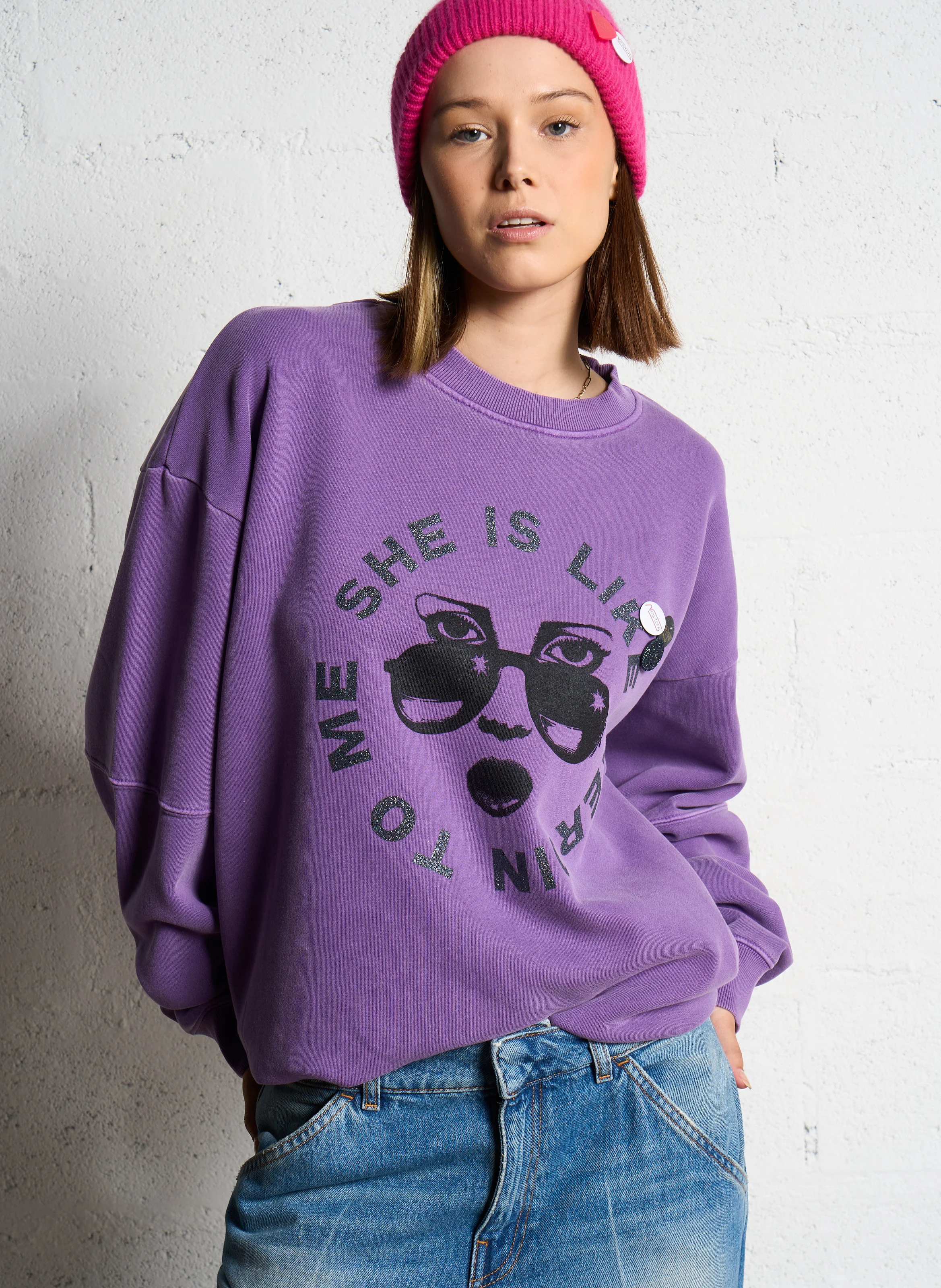 ROLLER HEROIN - Sweat ample col rond sérigraphié en coton mélangé | Violet