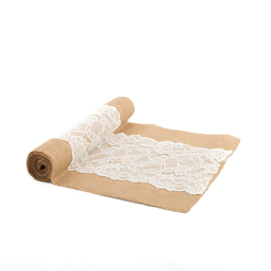 Chemin de table en jute et centre en dentelle - l.28cmxL.3m