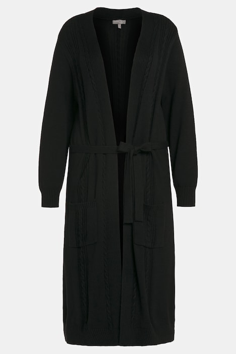 Long-Strickjacke, Zopfmuster, offene A-Linie, Schalkragen