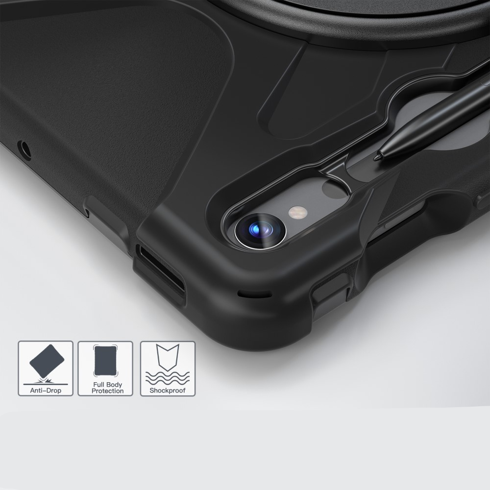 Samsung Galaxy Tab S10 Lite / S10 FE / Tab S9 FE / S9 Hybrid Outdoor Silikon Case Hülle mit Aufsteller und Handschlaufe - Schwarz