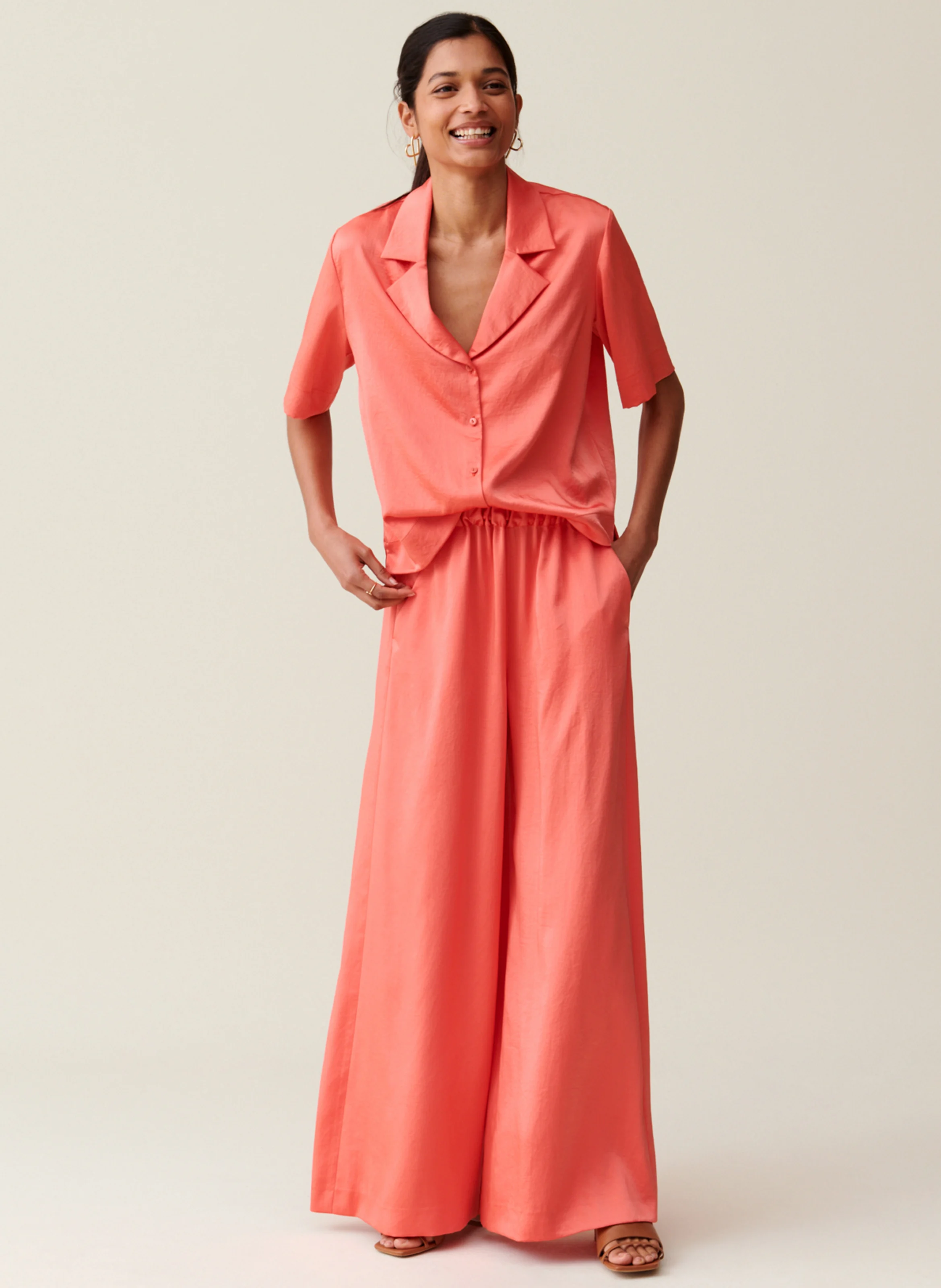 Pantalon large taille haute satiné | Orange