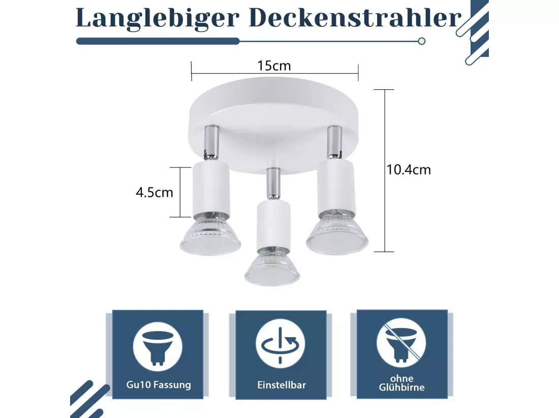 NETTLIFE Plafonnier LED GU10 -3 Spots de Plafond Ronde Moderne Spots de Plafond 350° pour Cuisines Couloir Chambre Salon - sans Ampoule Blanc