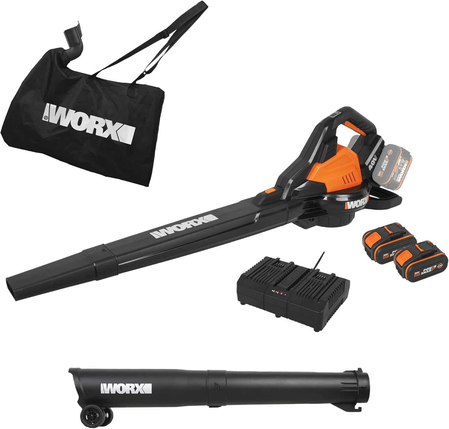 WORX WG583E Akku-Laubbläser/Laubsauger 40V – 3-in-1 Multifunktion zum Laub Zusammenkehren, Aufsaugen & Mulchen - Luftgeschwindigkeit 335 km/h – Luftmenge 575 m³/h - inkl. 2x4Ah Akkus & Ladegerät