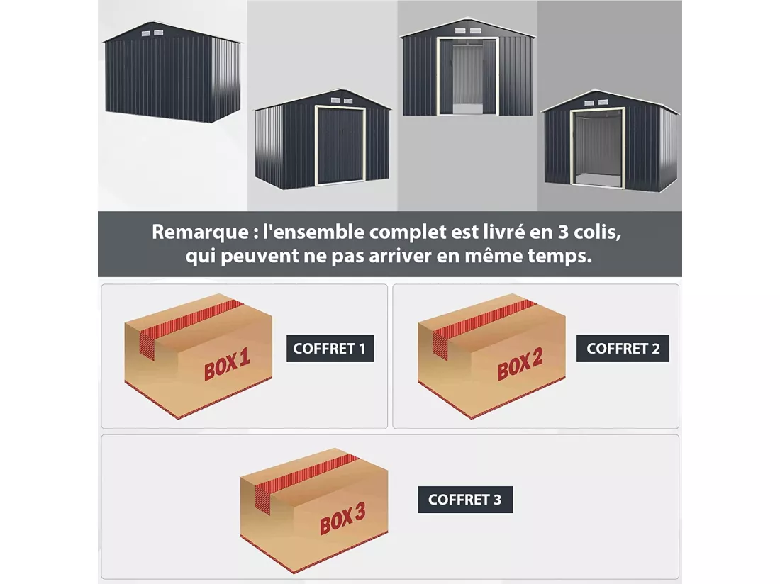 Abri de Jardin en Métal 5,29 ㎡ 277 x 191 x 202 cm avec 2 Portes Coulissantes Verrouillables 4 Trous d’Aération（Gris)