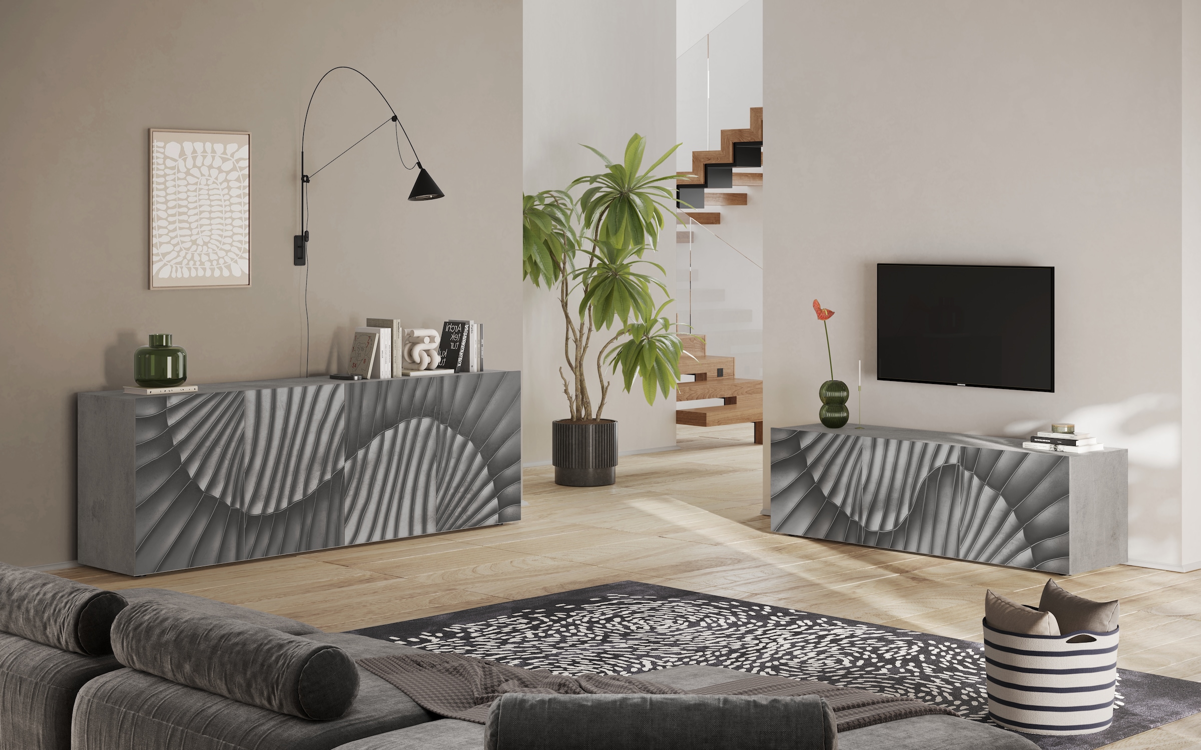 INOSIGN Sideboard »Snake, Kommode, Anrichte, Stauraummöbel Breite 241 cm, Siebdruck-Front« moderne Wohnmöbel, 4 Türen, viel Stauraum, stilvoll und funktional