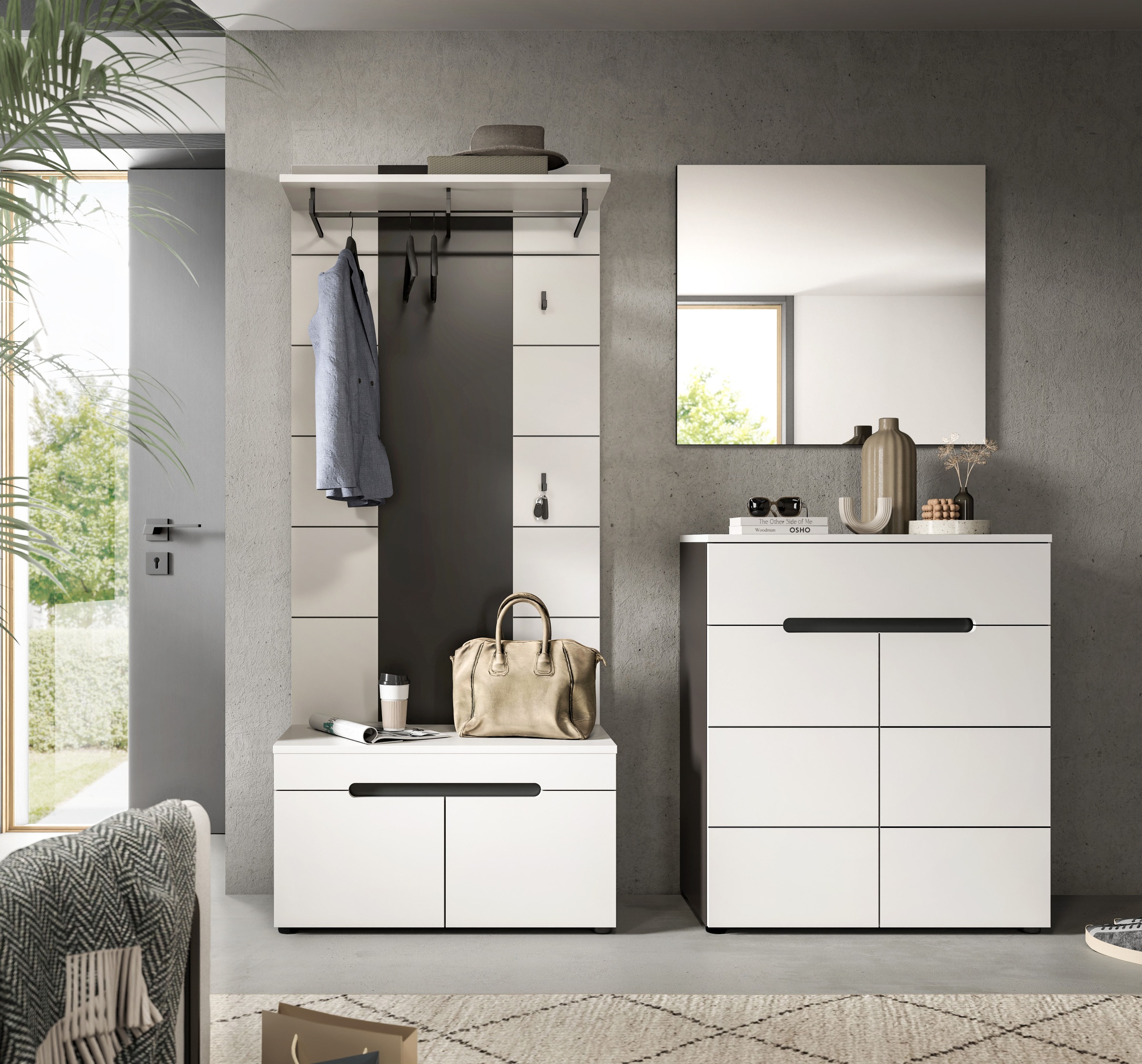INOSIGN Garderoben-Set »REHAT, TOPSELLER!, 4-teilig, Breite 175 cm, individuell erweiterbar« Set, bestehend aus: Sitzbank, Paneel, Spiegel und Kommode, 4 Stk. tlg.