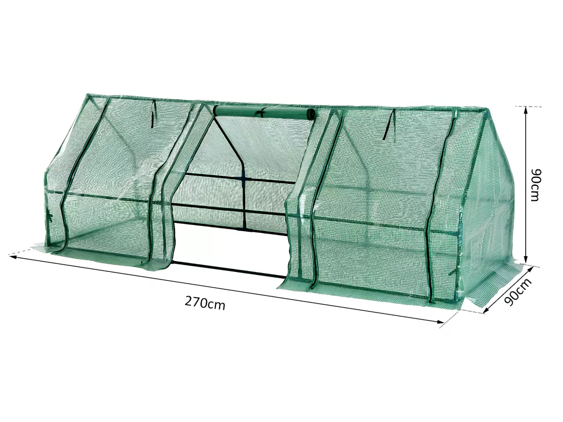 Mini serre de jardin 270L x 90l x 90H cm acier PE haute densité 140 g/m² anti-UV 3 fenêtres avec zip enroulables vert
