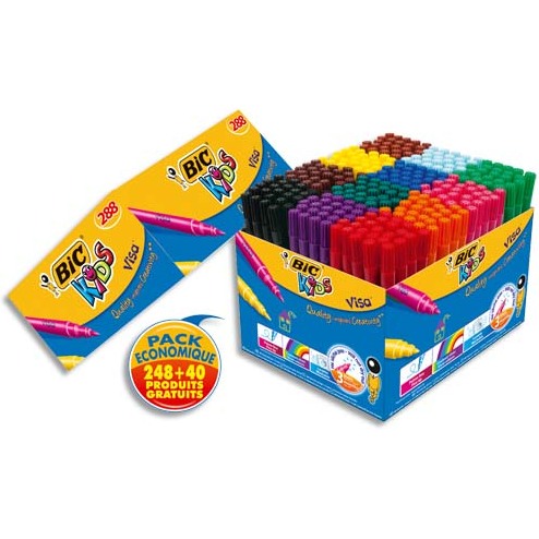 Feutre bic kids visa coloriage pointe fine bloquée ultra-résistante 12 couleurs assorties coffret scolaire 288 unités