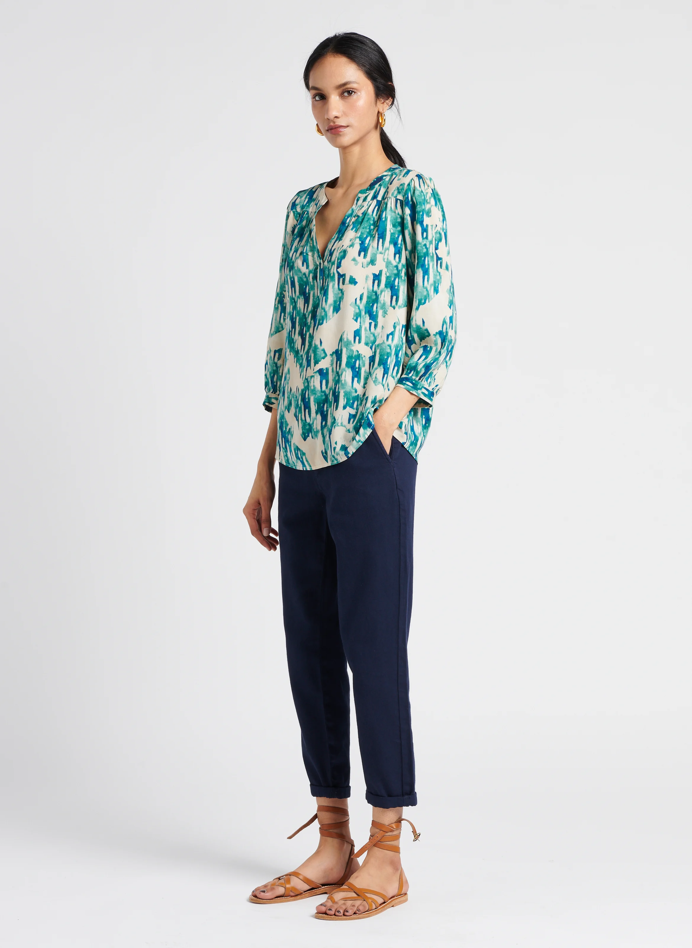 SABIL - Pantalon chino 7/8ème en coton| Bleu