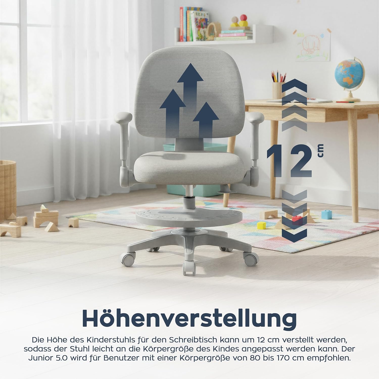 MARK ADLER Junior 5.0 ergonomischer Schreibtischstuhl Kinder – Mitwachsender Kinder Schreibtischstuhl – Mit Fußstütze – Höhenverstellbar – Für gesundes Sitzen – Kinder ab 6 Jahren – Grau