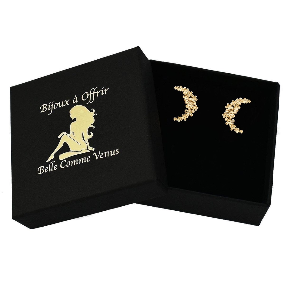 Boucles d'oreilles croissant lunaire de fleurs Plaqué OR 750 3 microns