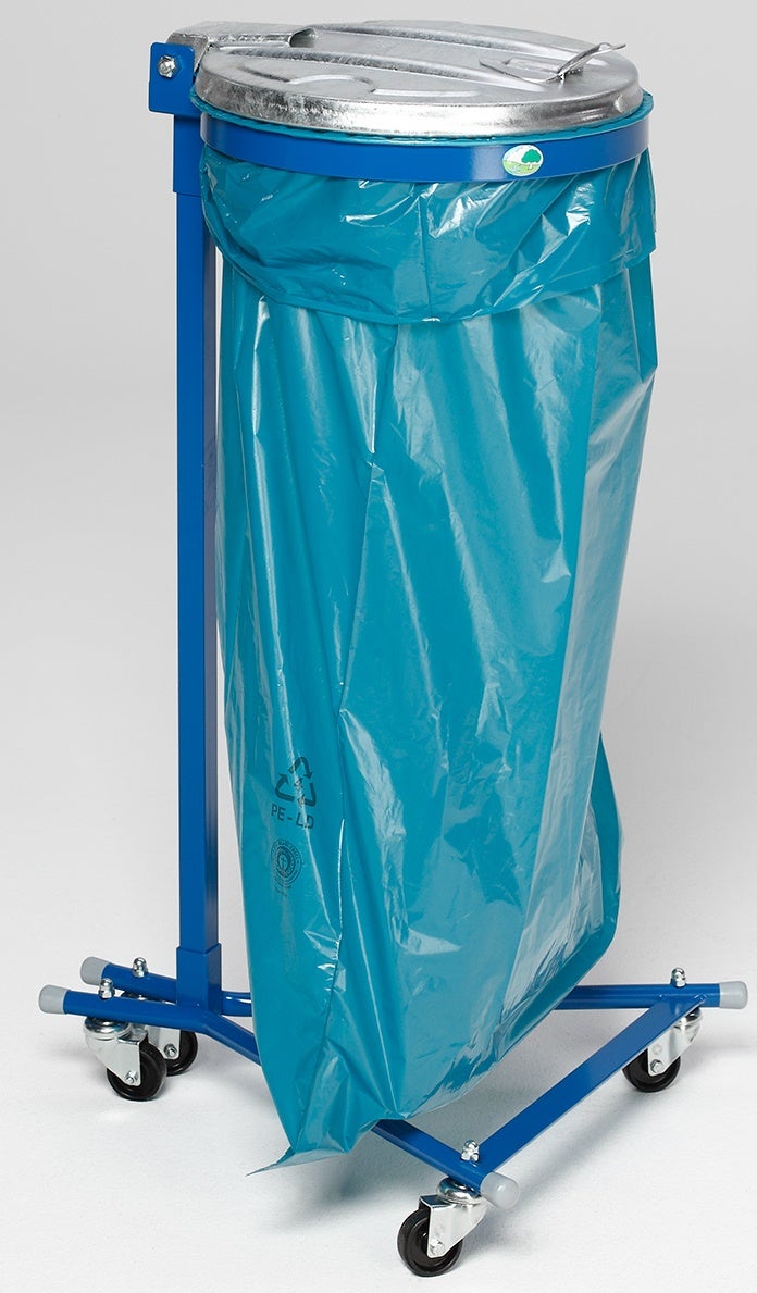 PROREGAL Robuuste enkele afvalbak met metalen deksel, 4 wielen, 35 cm opening, afmetingen (H x B x D): 100 x 49 x 52 cm, staal, blauw verzinkt
