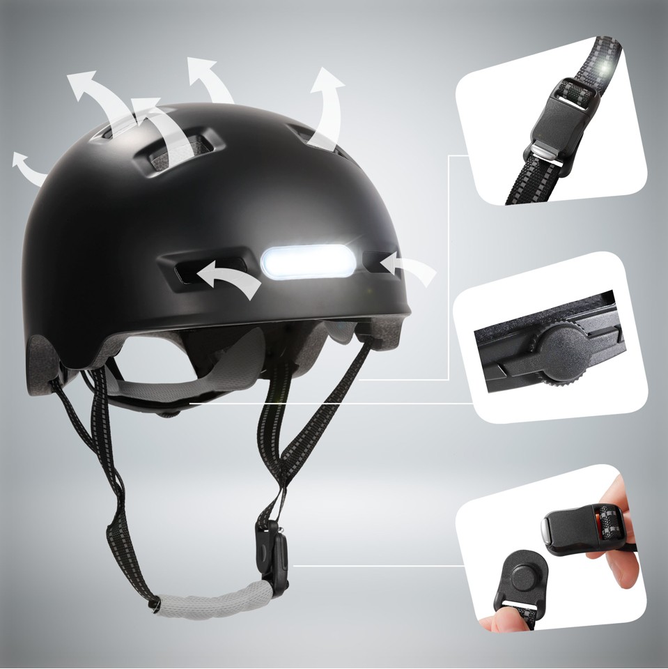 Crazy Safety - Urban cykel- og skaterhjelm med for- og baglygter - Sort - L (57-61cm)